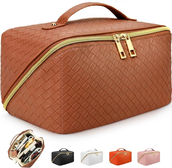 Large Capacity Makeup Bag, Travel Cosmetic Bag With Handle and Divider Flat Lay Organizer Portable Toiletry Bag,Makeup Storage Brush for Women - Image 5