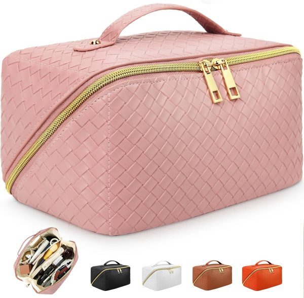 Large Capacity Makeup Bag, Travel Cosmetic Bag With Handle and Divider Flat Lay Organizer Portable Toiletry Bag,Makeup Storage Brush for Women - Image 4