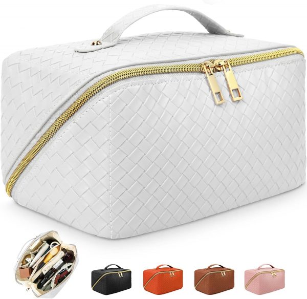 Large Capacity Makeup Bag, Travel Cosmetic Bag With Handle and Divider Flat Lay Organizer Portable Toiletry Bag,Makeup Storage Brush for Women - Image 3