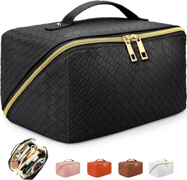 Large Capacity Makeup Bag, Travel Cosmetic Bag With Handle and Divider Flat Lay Organizer Portable Toiletry Bag,Makeup Storage Brush for Women - Image 2