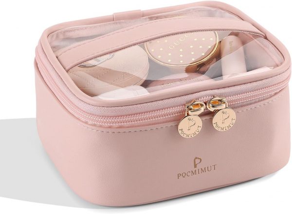 Clear Cosmetic Bag,PU Leather Double Layer Makeup Bag with Brush Holder - Image 5