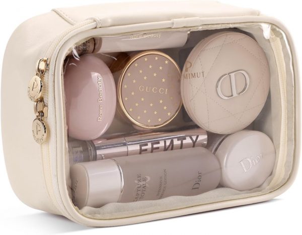 Clear Cosmetic Bag,PU Leather Double Layer Makeup Bag with Brush Holder