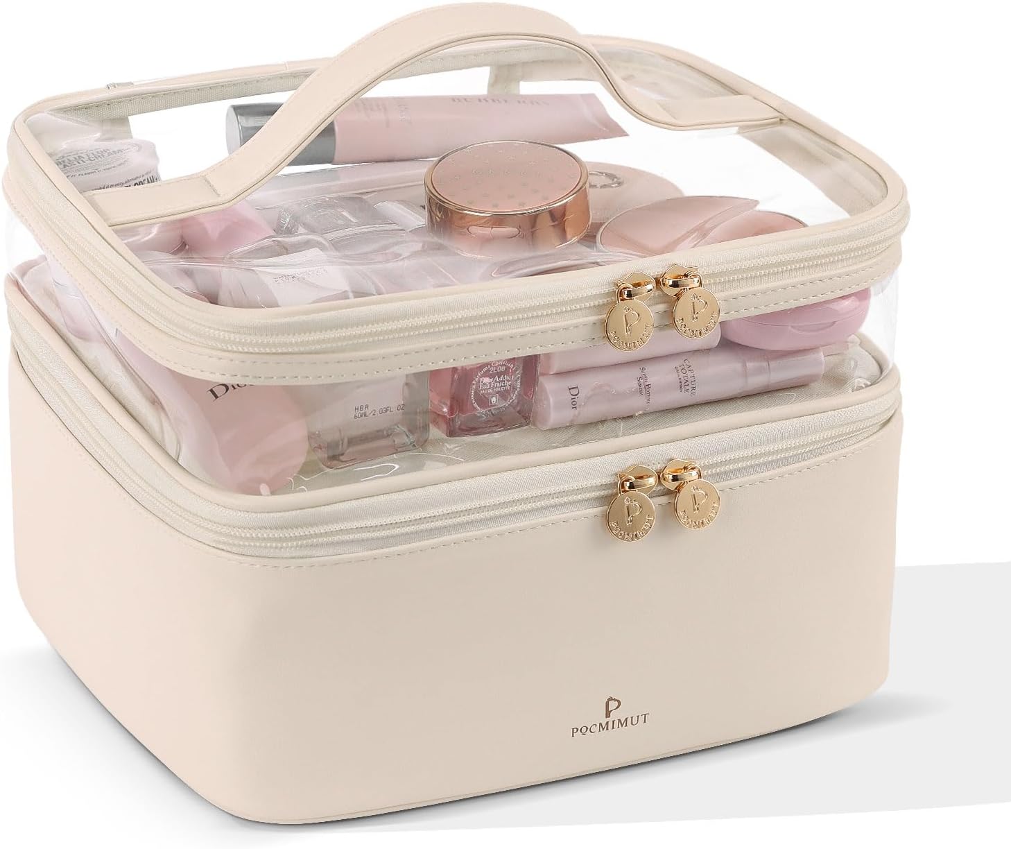 Clear Cosmetic Bag,PU Leather Double Layer Makeup Bag with Brush Holder