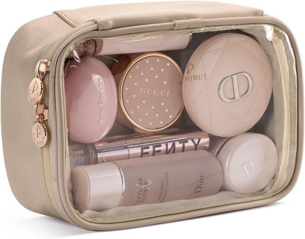 Clear Cosmetic Bag,PU Leather Double Layer Makeup Bag with Brush Holder - Image 3