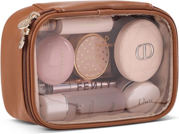 Clear Cosmetic Bag,PU Leather Double Layer Makeup Bag with Brush Holder - Image 6